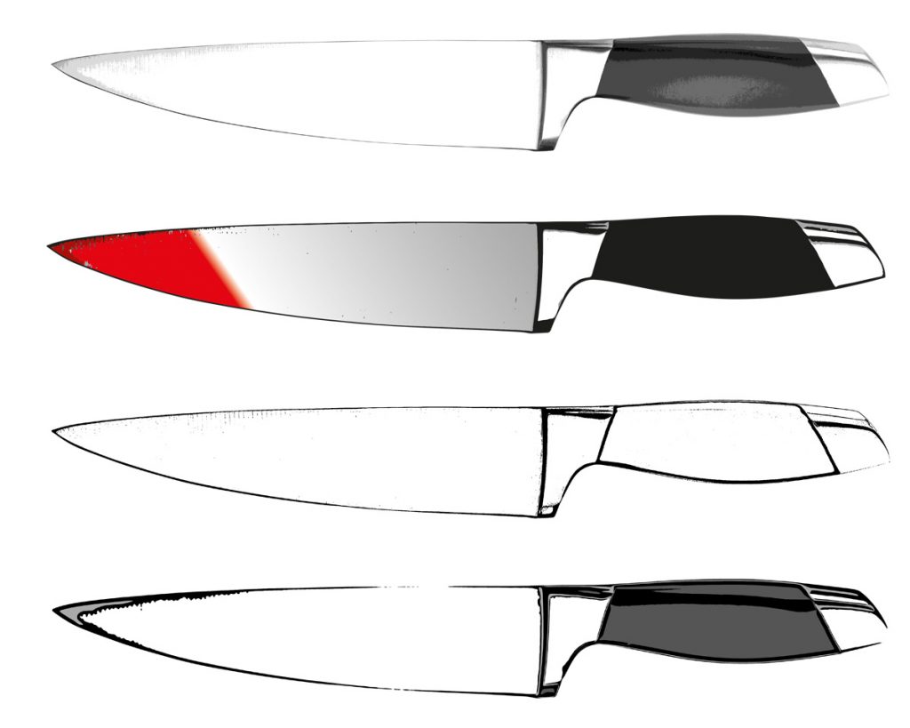 Illustrator Zeichnung eines Messer welches in verschiedenen Darstellungen präsentiert wird.